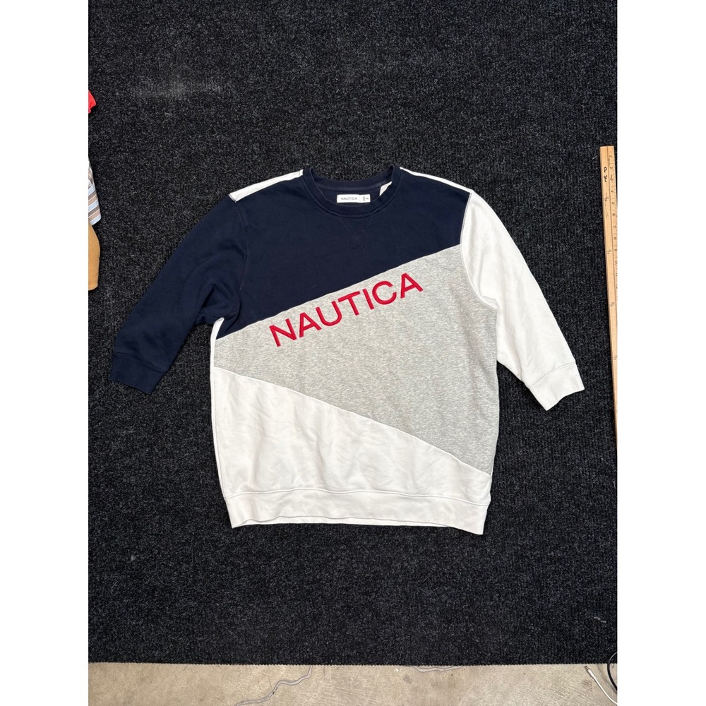 Nautica Mens XXL Colorblock Logo Crewneck Sweatshirt Navy Grey White Pullover